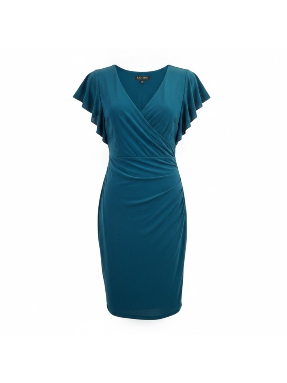 Lauren Womens Teal Wrap-Style Dress Ruffle Sleeves Size 10P